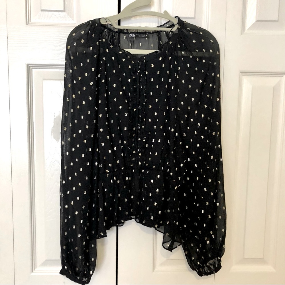 Zara long sleeve semi sheer top with gold/silver details M